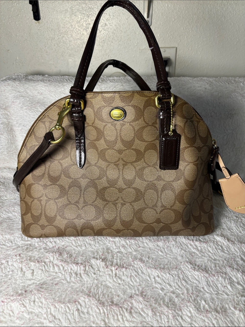 Coach Brown Signature Dome Satchel with Dark Brown Trim - Picture 1 of 13